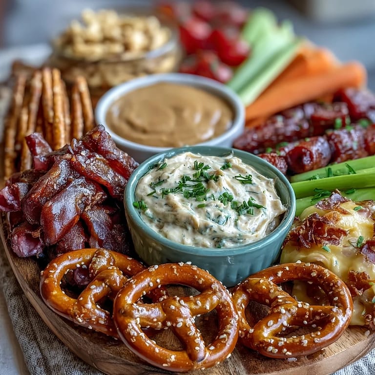Festive Game Day Baseball Snack Board with Pretzels and Dips, showcasing pretzels, dips, and colorful vegetables for sharing.