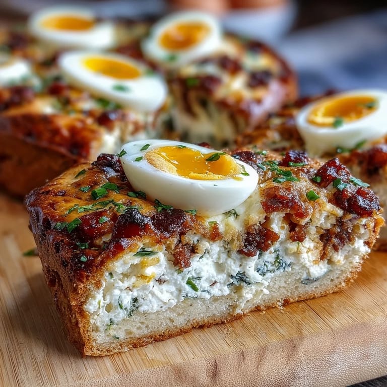 Flaky Easter Savory Pie with Hard-Boiled Eggs and Ham, rich ricotta and spinach filling, sliced to reveal colorful egg layers.
