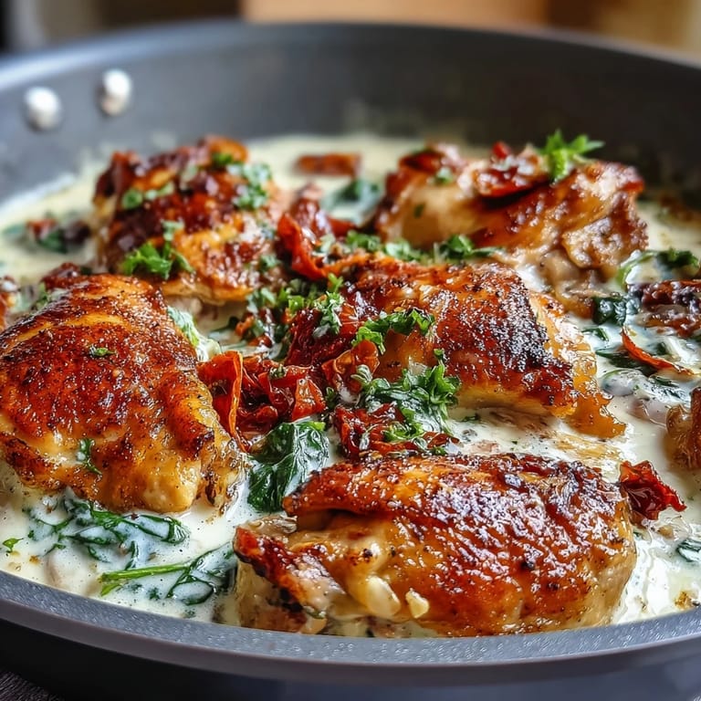 Creamy Tuscan Chicken Skillet: comforting Italian-American dinner with chicken, sun-dried tomatoes, and wilted spinach in garlic cream.