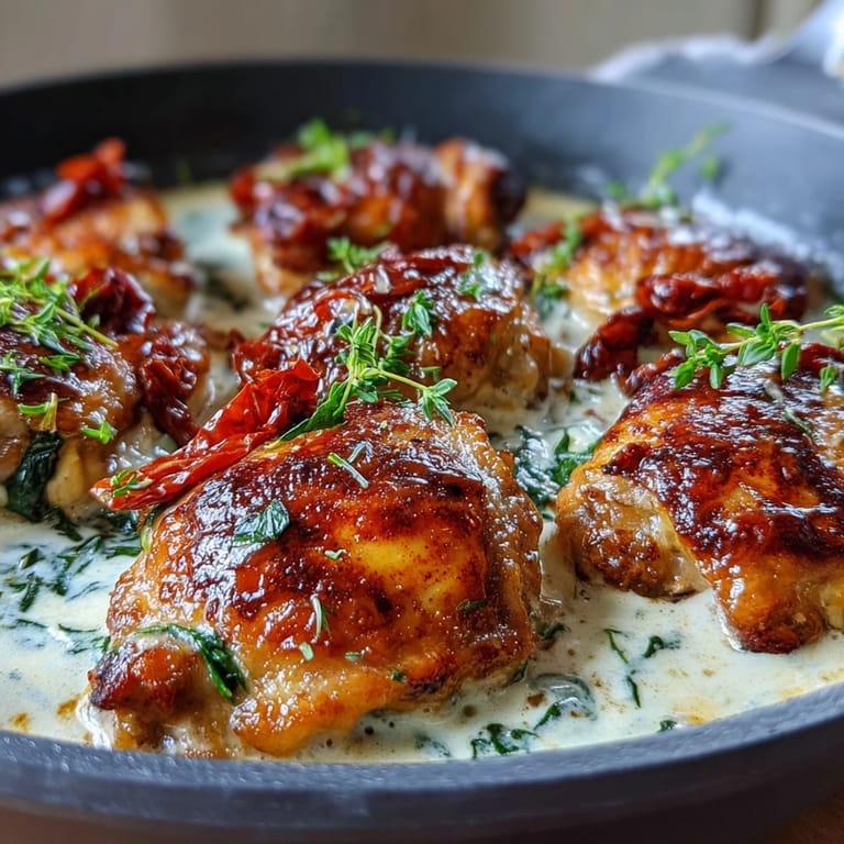One-pan Creamy Tuscan Chicken Skillet featuring tender chicken in luscious Parmesan cream sauce with spinach.