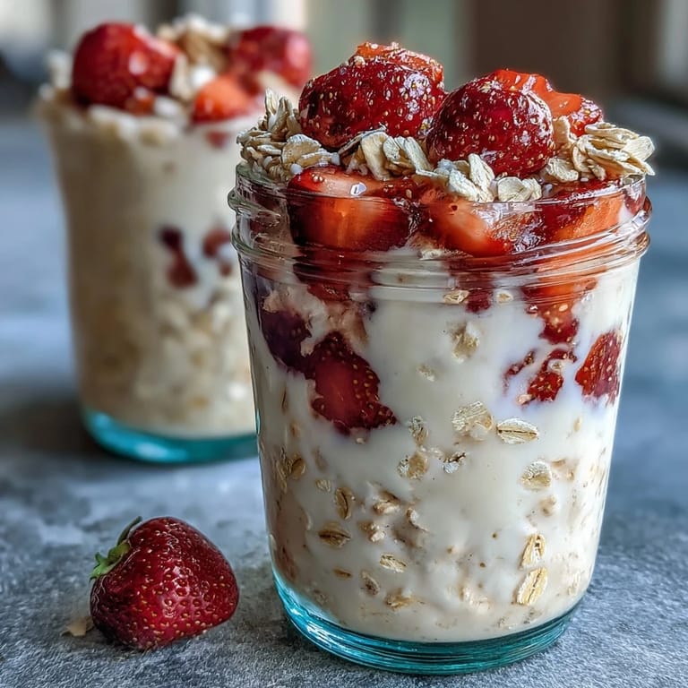 A jar of Healthy Easy Overnight Oats with Strawberry and Chia, garnished with sliced fruit and coconut for a vibrant, wholesome start.