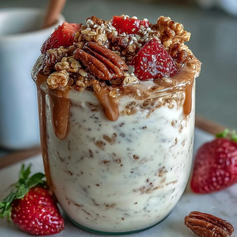 Vibrant strawberry overnight oats with chia seeds and granola, topped with fresh berries for a colorful, healthy morning meal.