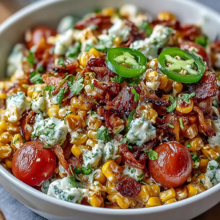 Creamy Corn Salad with Jalapeño combines juicy tomatoes, fresh cilantro, and a tangy, creamy dressing.