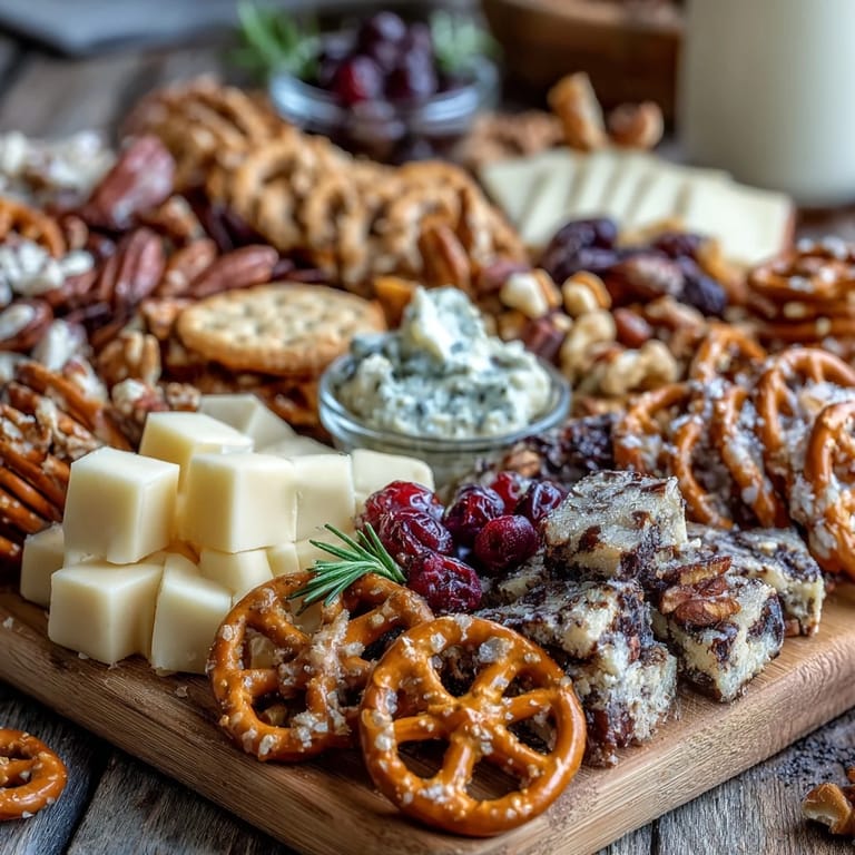 Festive grad party platter featuring savory crackers, pretzels, and dips alongside sweet macarons, grapes, and chocolate pretzels for joyful snacking.