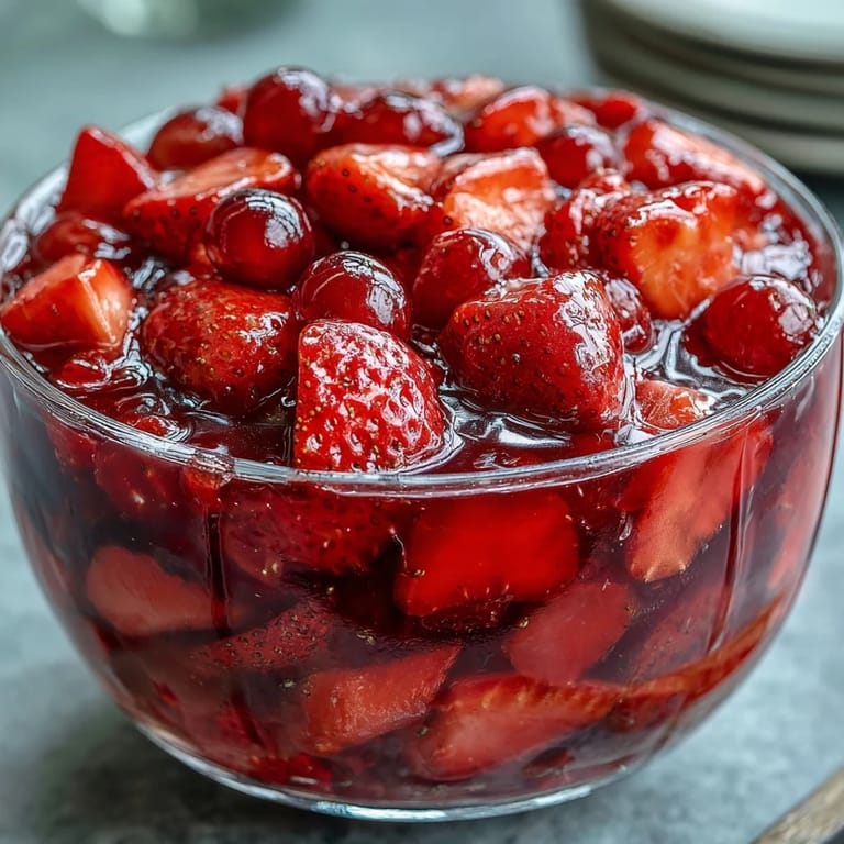A vibrant bowl of strawberry lemonade fruit salad, bursting with fresh berries, grapes, and tropical fruit, drizzled with tangy lemon-honey glaze.
