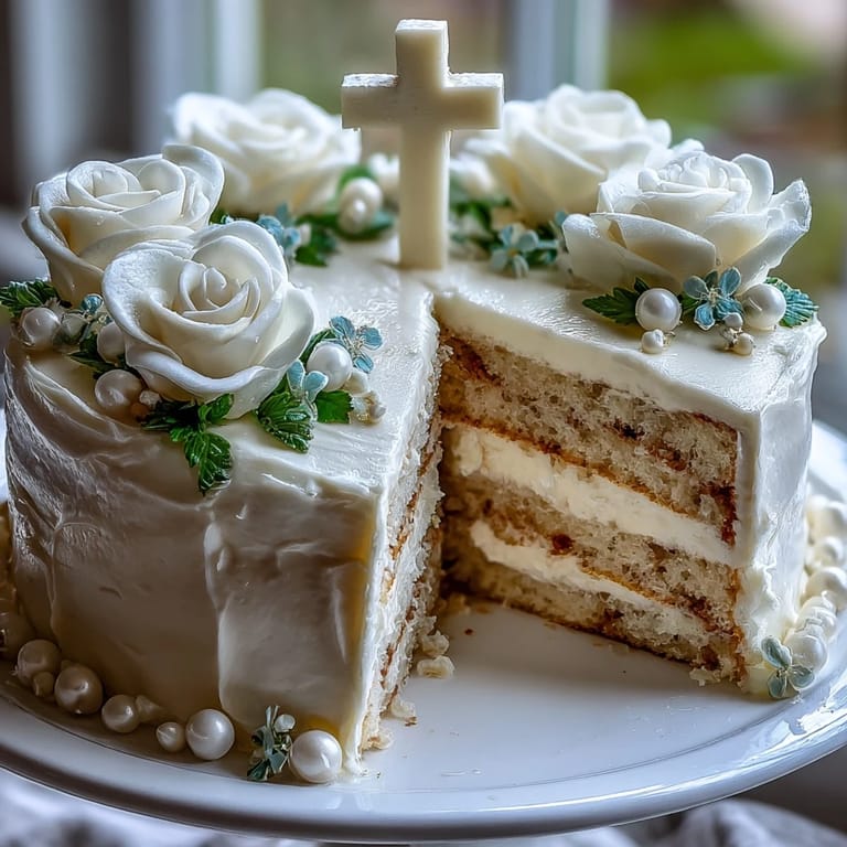 Classic celebration cake featuring tender vanilla layers, white buttercream, fondant roses, and a beautiful cross topper
