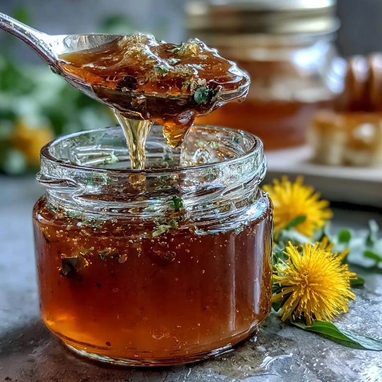 Delicate floral dandelion jelly made with zesty lemon and golden honey, capturing springtime in a jar.