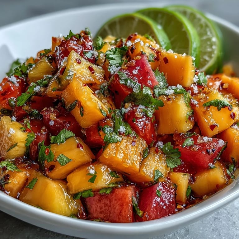 Colorful mango fruit cups with chili-lime seasoning, garnished with fresh cilantro and lime wedges.