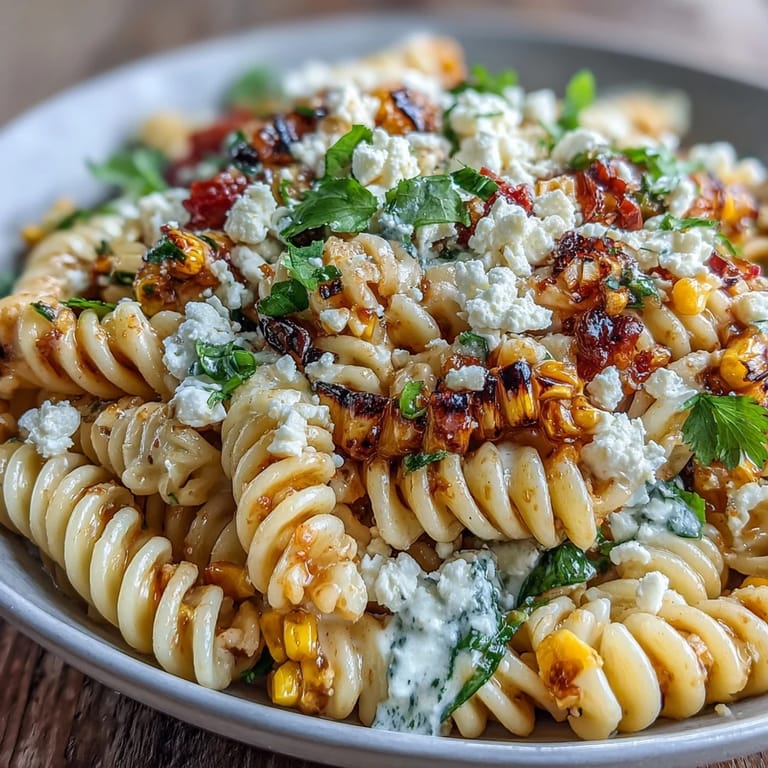 Creamy Mexican-inspired pasta salad with fresh cilantro, red bell pepper, and crumbled Cotija over tender rotini noodles.