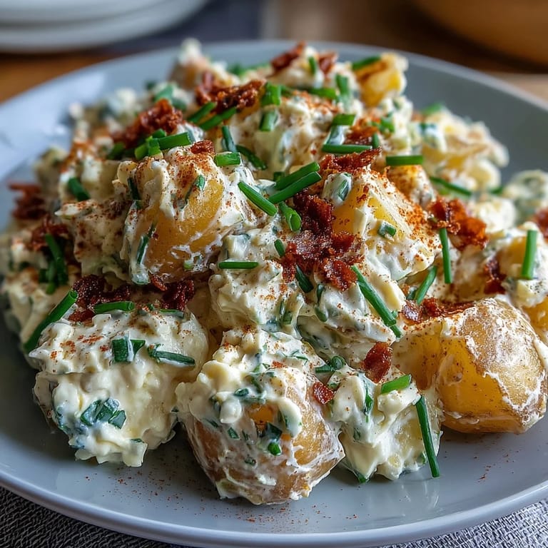 Classic Deviled Egg Potato Salad featuring perfectly cooked potatoes, chopped hard-boiled eggs, and a zesty mustard-mayonnaise blend.