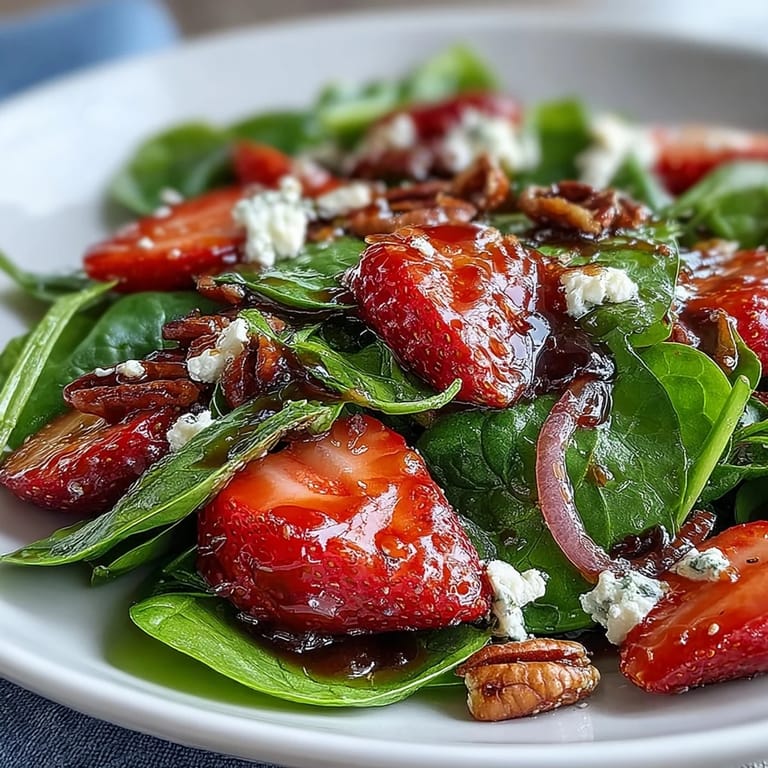Colorful spinach salad topped with ripe strawberries, crumbled goat cheese, and crunchy candied pecans in tangy balsamic dressing.