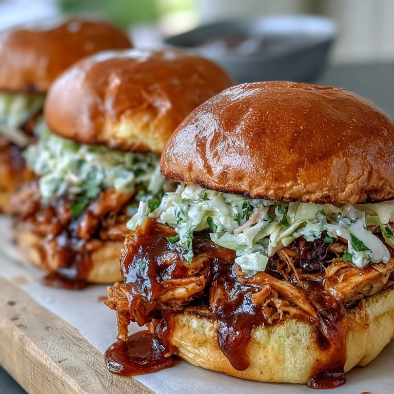 Tender pulled chicken in rich barbecue sauce, topped with crisp coleslaw and served on toasted buns for a hearty meal.