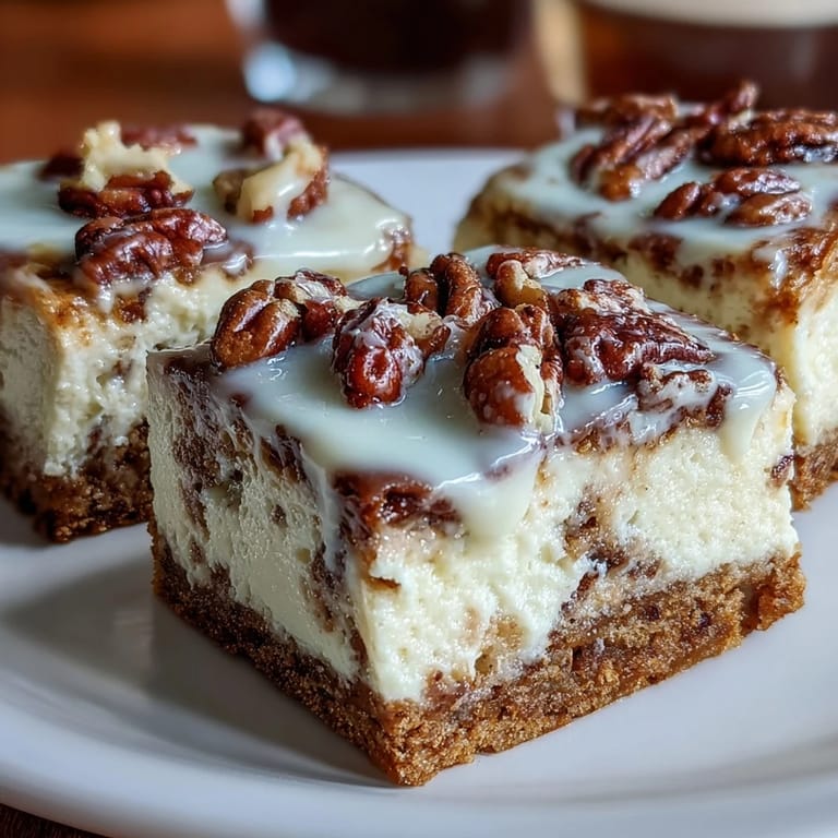 Swirled carrot cake cheesecake bars featuring vibrant orange carrot flecks and rich cream cheese filling, topped with toasted pecans.
