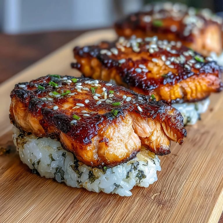 Golden-brown grilled salmon onigiri wrapped in nori, ideal for picnics or a quick, flavorful lunch.