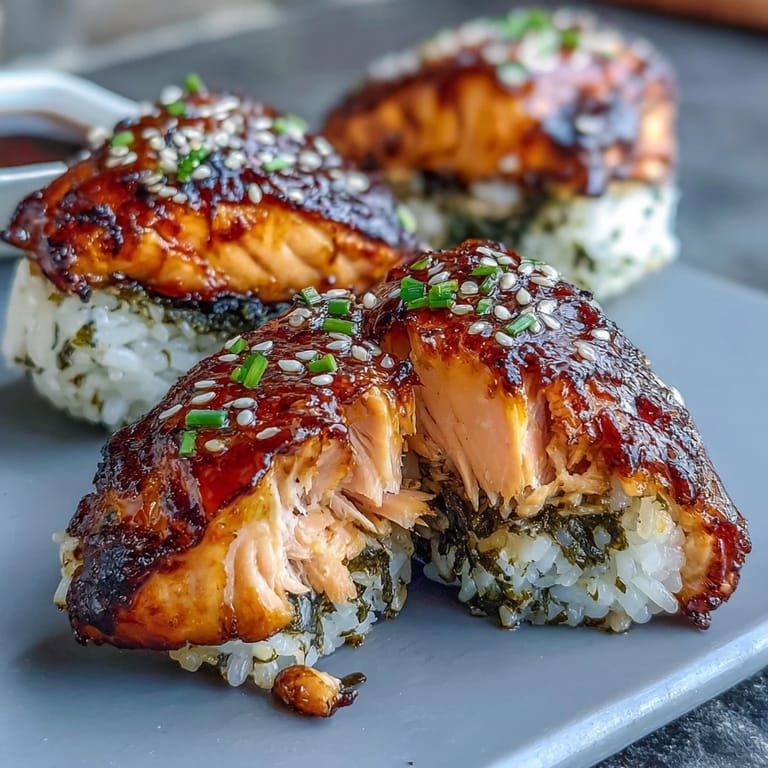 Japanese rice balls filled with grilled salmon, shaped by hand and lightly seared for a satisfying bite.  