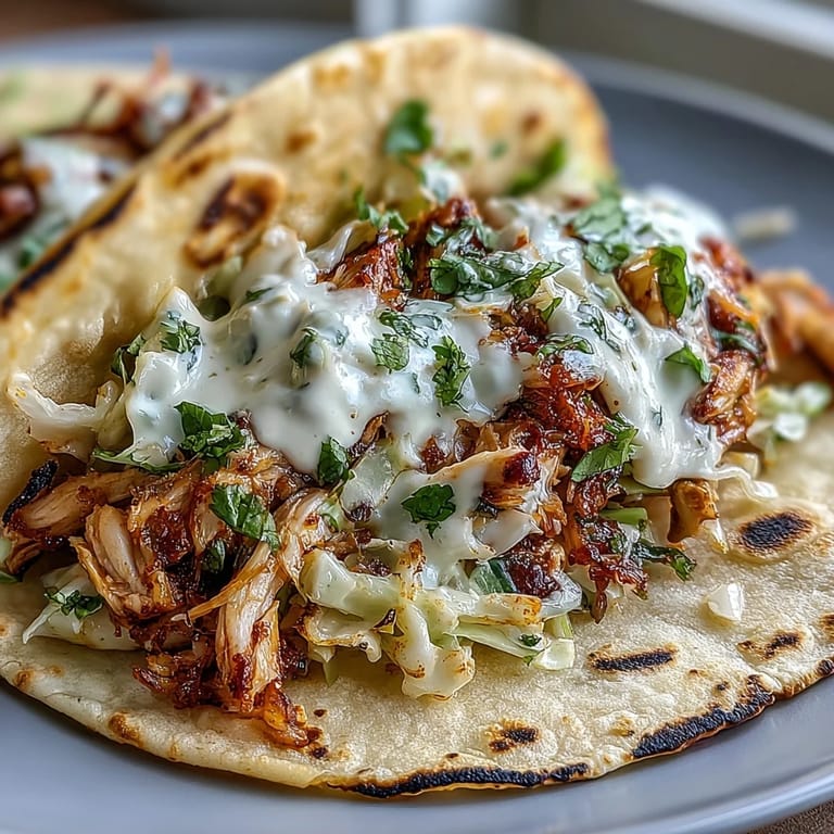 Light and healthy roasted chicken tacos topped with vibrant cabbage slaw and tangy lemon crema for a fresh twist.