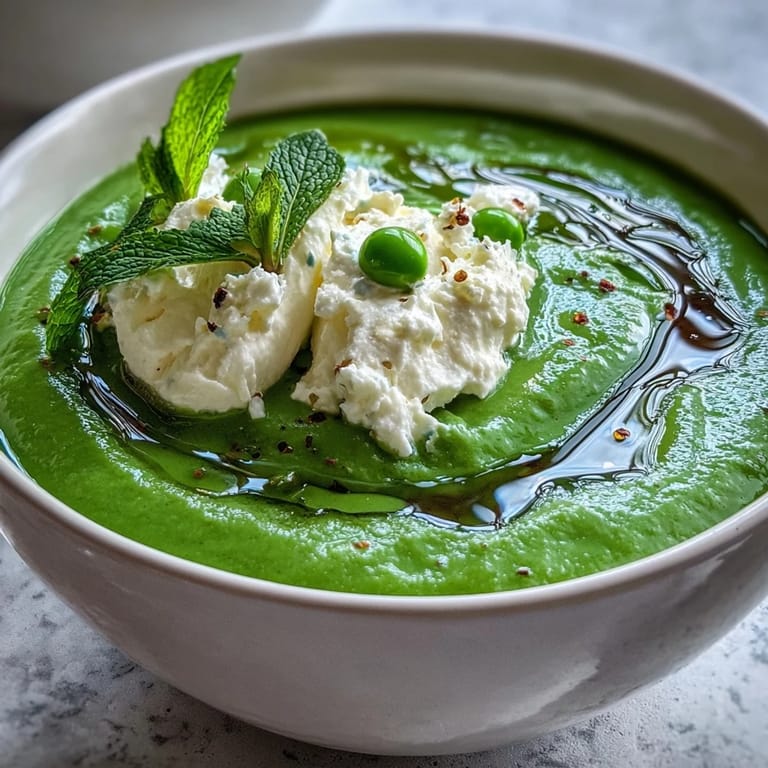 Bright green pea soup with dollops of airy ricotta and zesty mint oil.