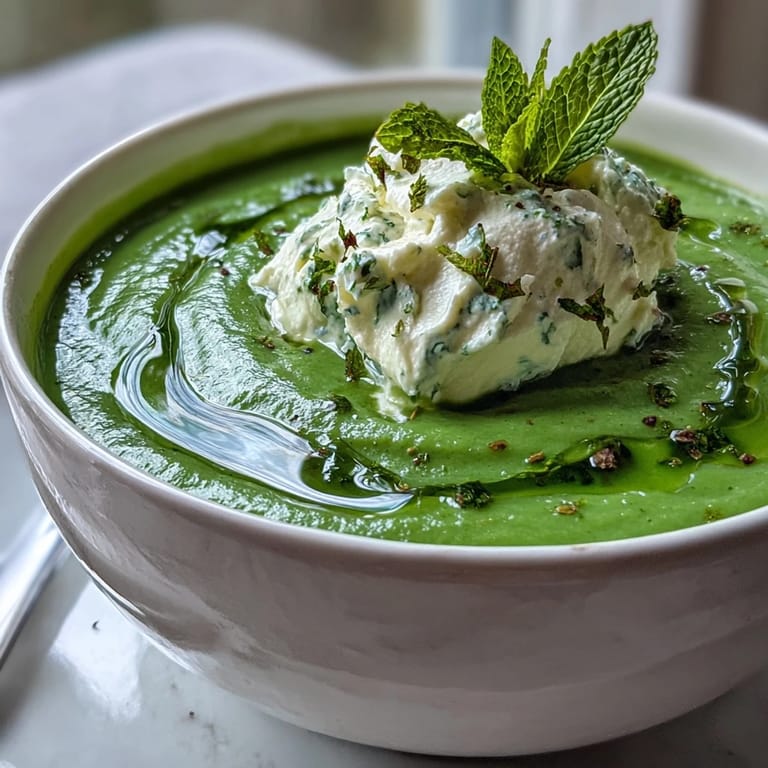 Delicious spring pea soup bowl, topped with fluffy ricotta and fragrant mint oil.