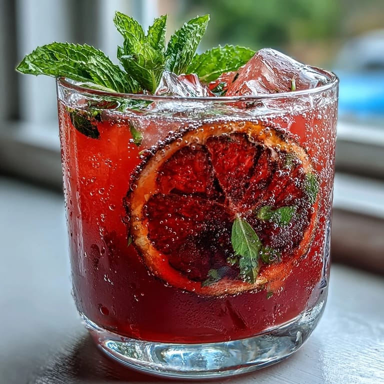 Close-up of a glass filled with ice and Sparkling Hibiscus Mint Lemonade Mocktail.