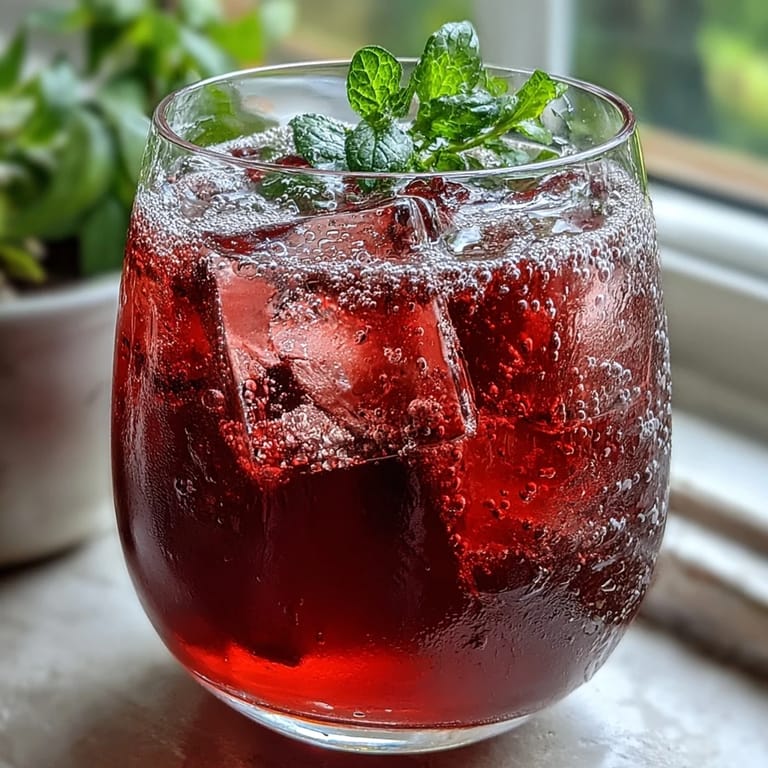 Vibrant Sparkling Hibiscus Mint Lemonade Mocktail awaits with fresh lemon slices.