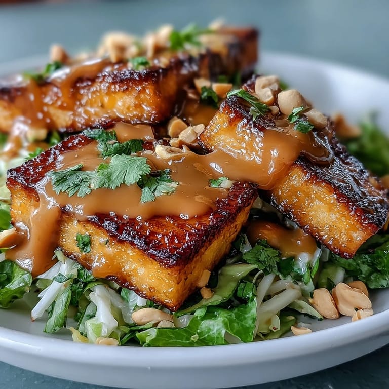 Enjoy this refreshing Thai mango salad with tofu drizzled in savory peanut dressing.