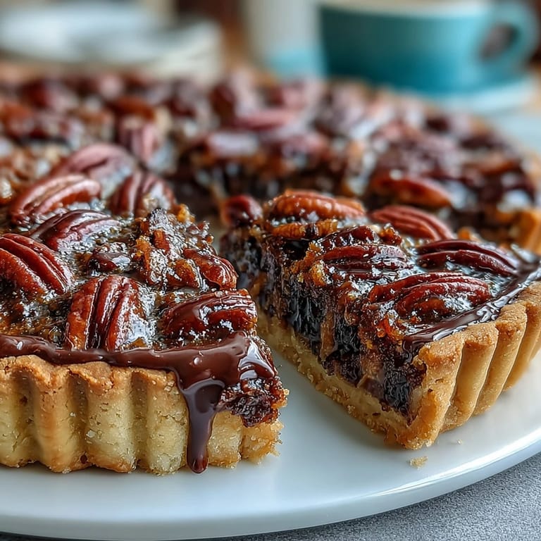 Golden Kentucky Derby chocolate bourbon pecan tart piled high with nuts.