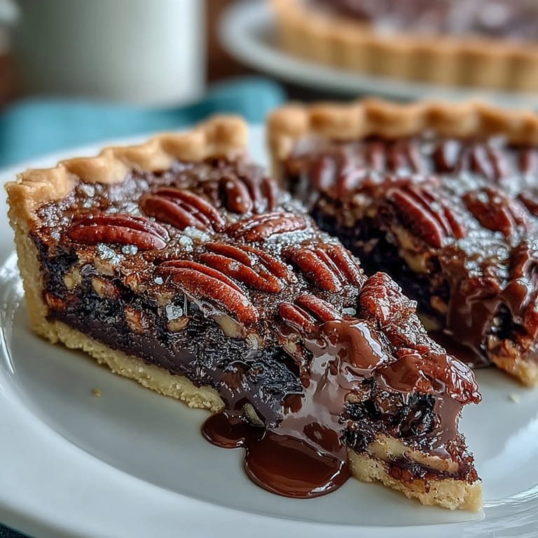 Slice of chocolate bourbon pecan tart showcasing a flaky crust and filling.