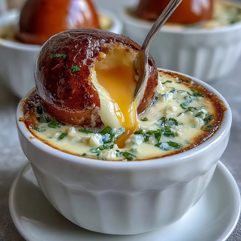 Baked eggs in herbed cream with parmesan, served in individual cocotte dishes for a festive Easter breakfast.