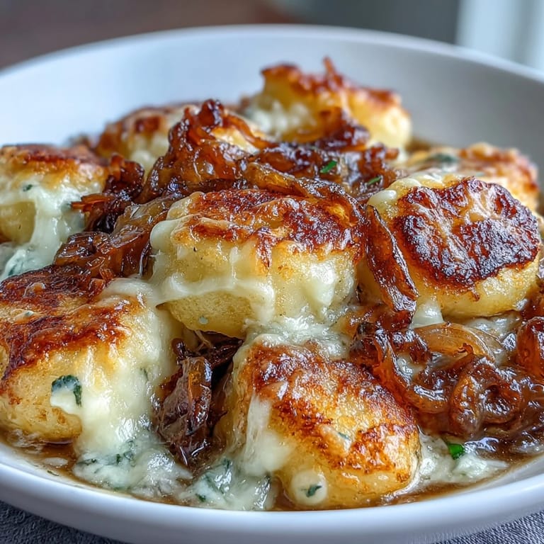 Classic French onion soup with tender gnocchi, golden melted cheese, and crusty baguette croutons.