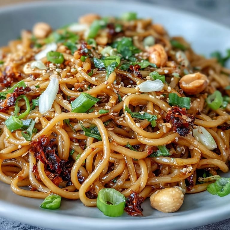 Vibrant bowl of chili crisp noodles with crispy chili oil, soy sauce, and sesame, garnished with scallions and roasted peanuts.