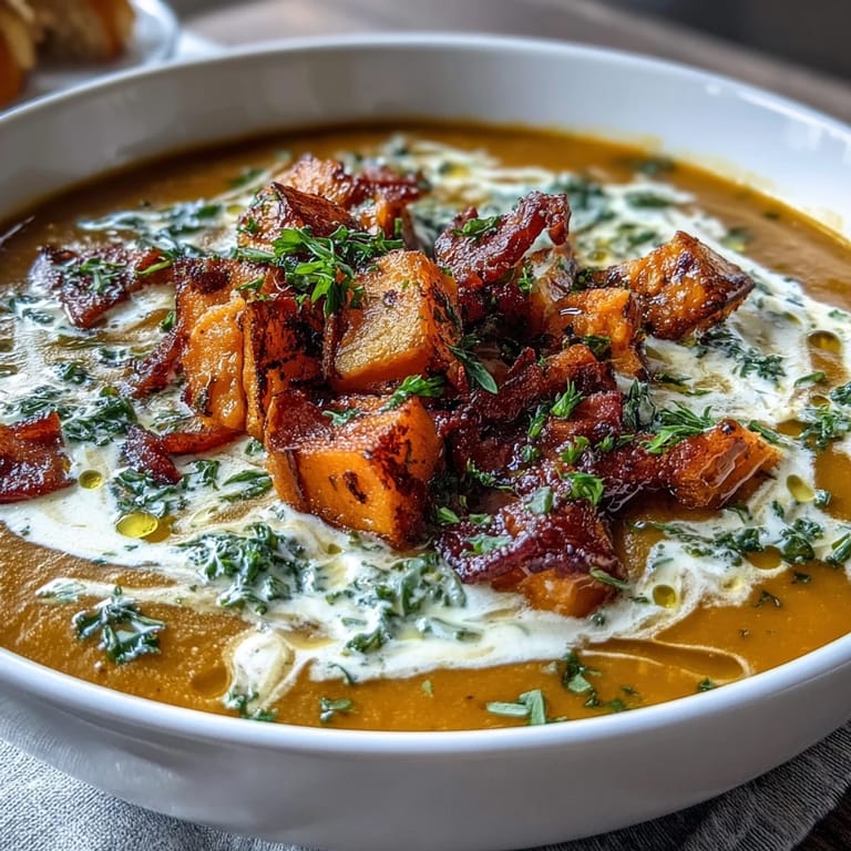 Rich sweet potato chowder featuring smoky pancetta, vibrant kale, and warming spices in every spoonful.