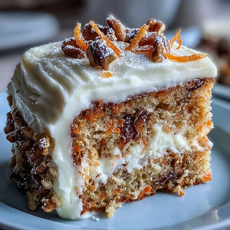 Layered Easter carrot cake with rich cream cheese frosting, garnished with elegant candied carrot curls for a festive look.  
