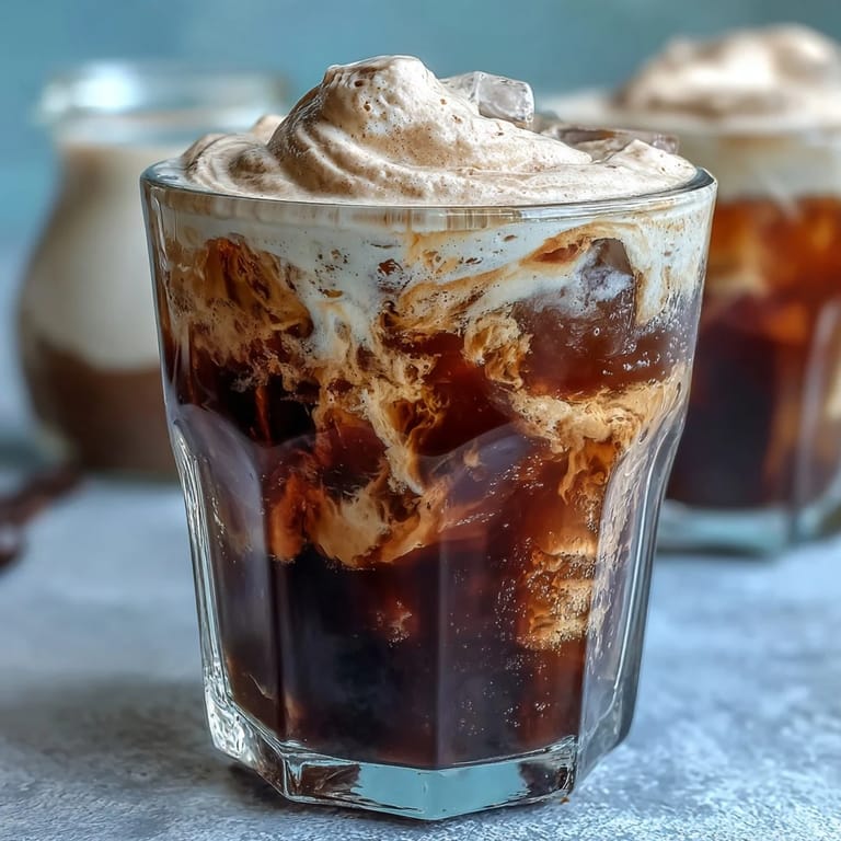 A tall glass of cold brew coffee topped with velvety vanilla sweet cream swirls.