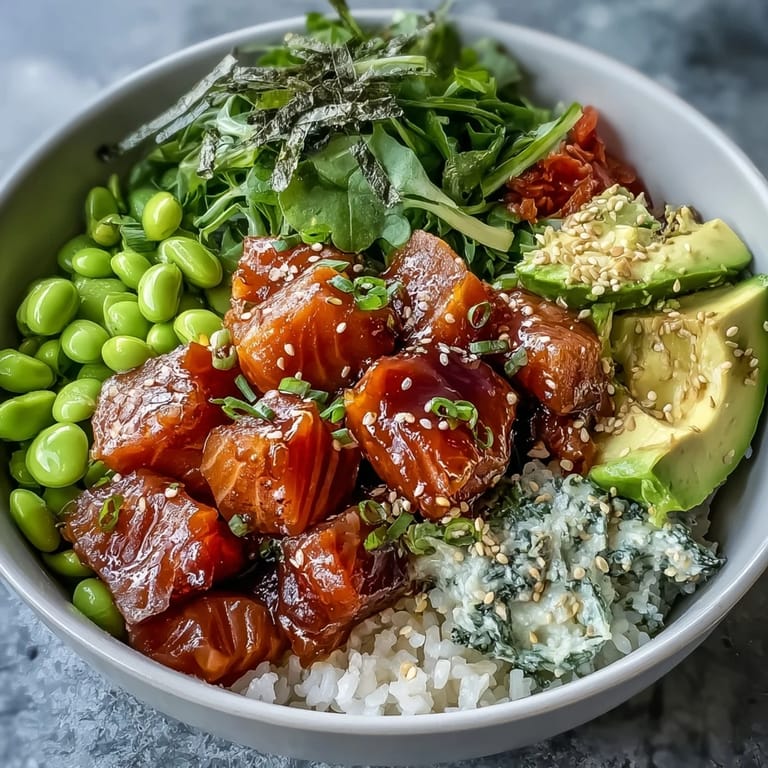Deconstructed Salmon Poke Bowl showcasing fresh ingredients and bright, savory flavors.