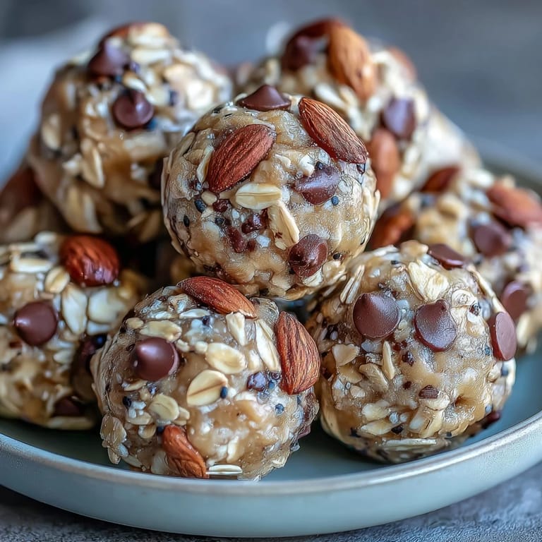 Healthy Snack-Sized Protein Balls featuring creamy peanut butter and chocolate chips.