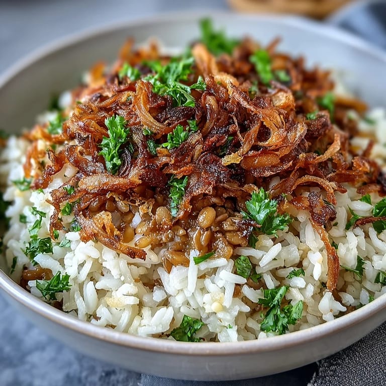 Aromatic Levantine Mujadara featuring wholesome lentils and savory crispy onions.