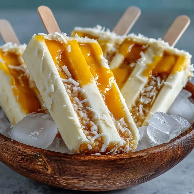 Luscious vegan mango coconut popsicles swirl, showcasing fruity summer frozen goodness.