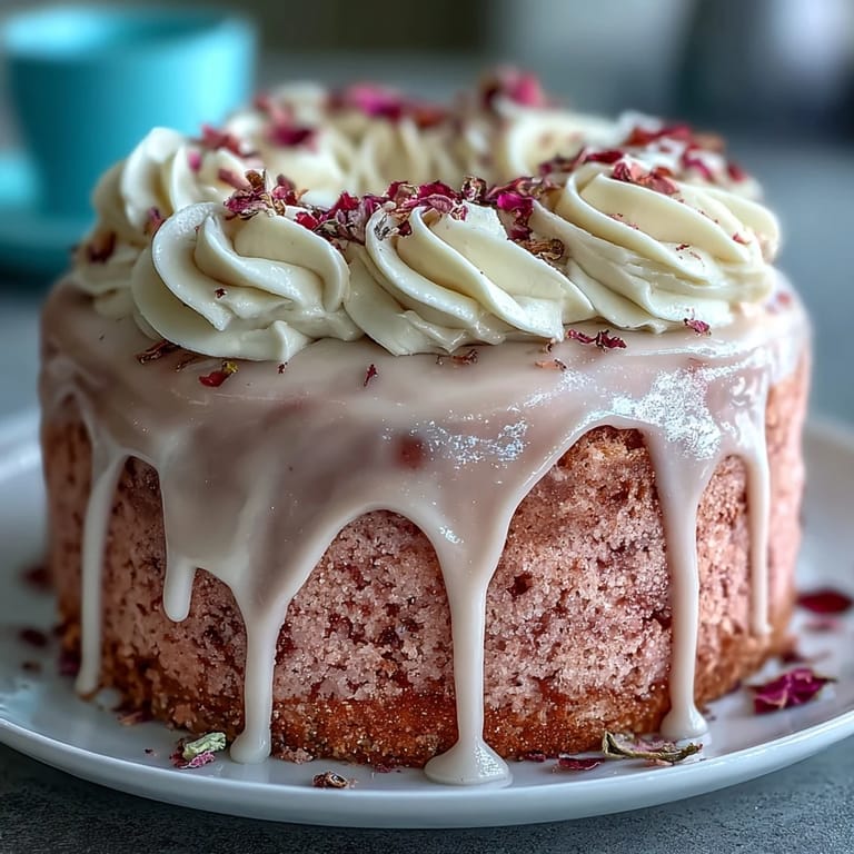 A slice of luscious Rosé Velvet Cake, showcasing pink hues and beautiful gold drip finish.