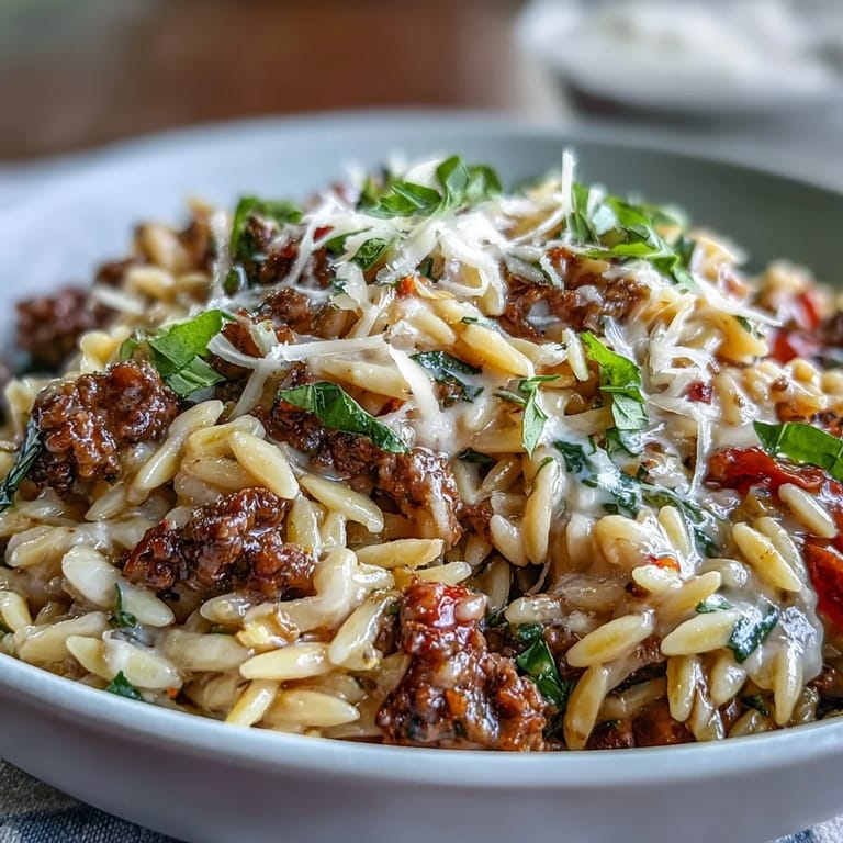 Hearty One-Pot Creamy Beef Orzo, rich and savory with melting Parmesan cheese.