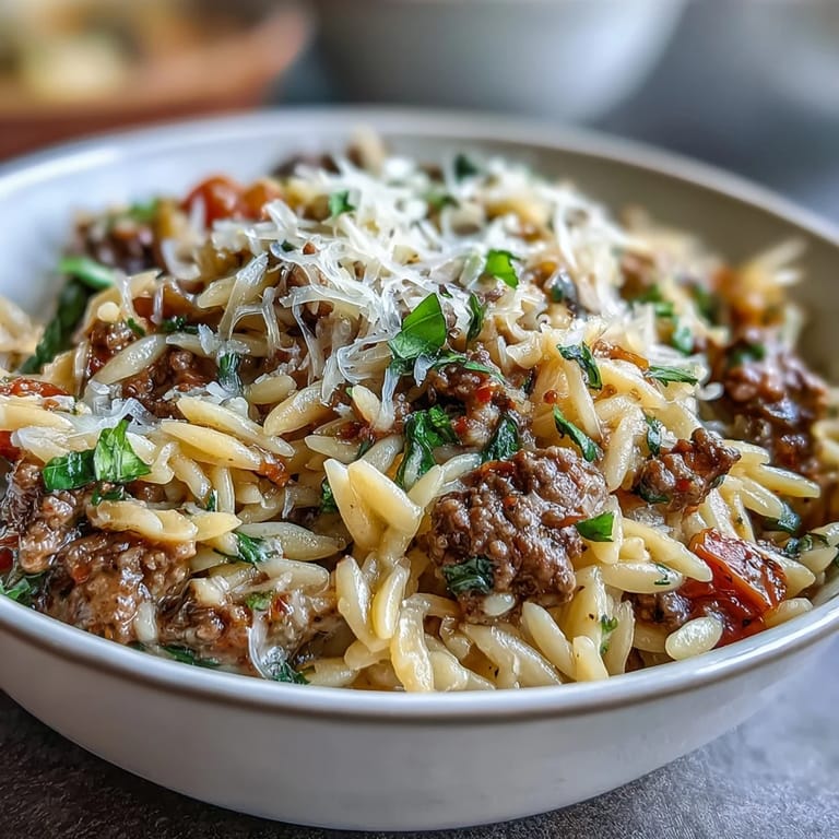 Easily prepared One-Pot Creamy Beef Orzo, creamy orzo and beef perfect for dinner.