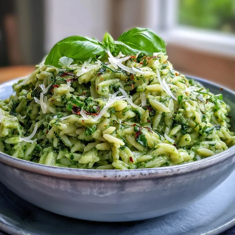 Hearty spinach pesto orzo with nutty pine nuts, perfectly seasoned and appealing.