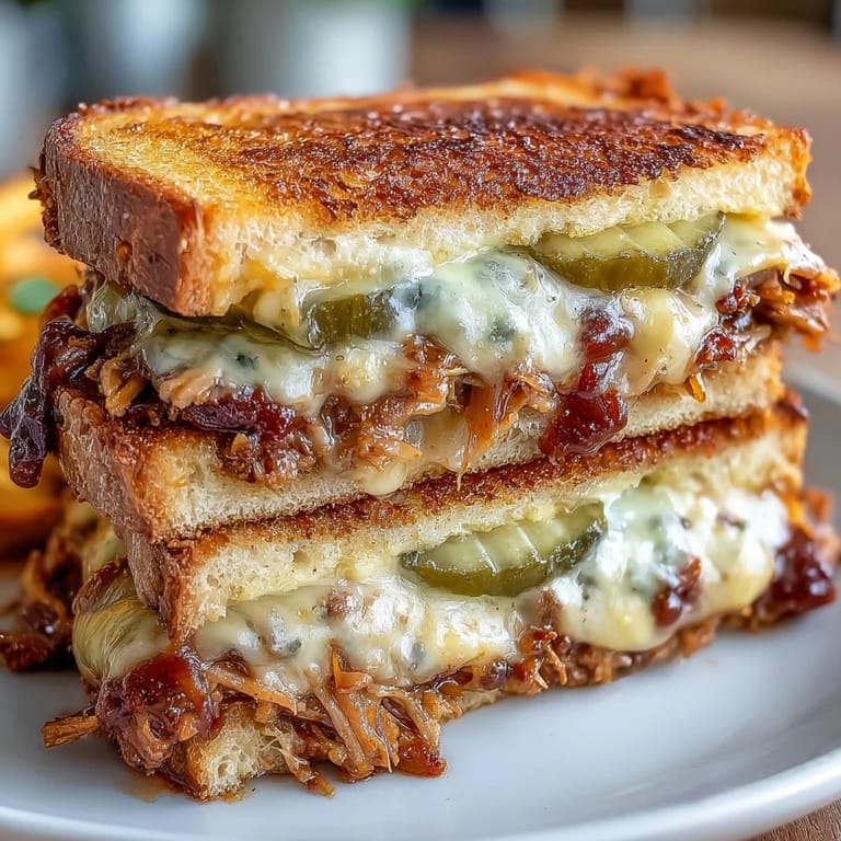 Juicy BBQ pulled pork grilled cheese sandwich, perfectly grilled on sourdough.
