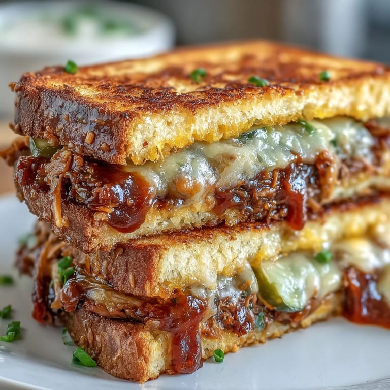 Comforting BBQ pulled pork grilled cheese, showing melted cheese and crispy bread.