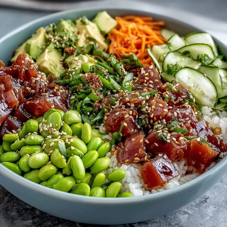 Easy canned tuna poke bowl, a healthy and satisfying lunch featuring fresh ingredients.