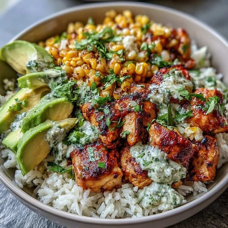 Flavorful Street Corn Chicken Rice Bowls perfect for a colorful, easy weeknight meal.