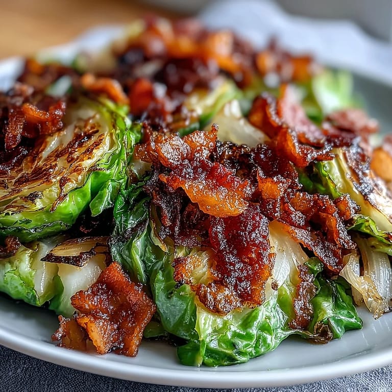 Savory Fried Cabbage side dish with smoky bacon pieces and onions.