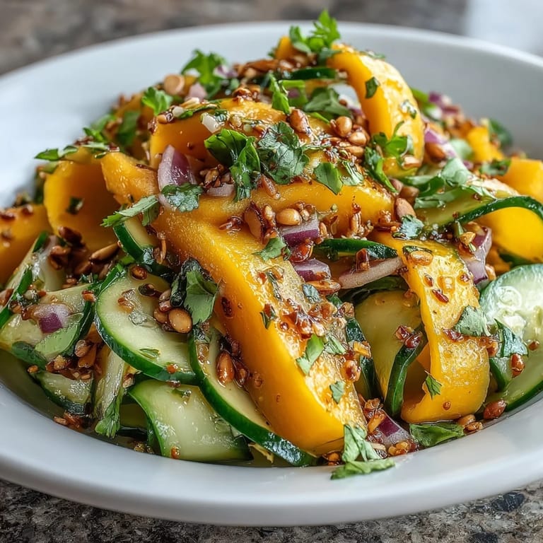 Delectable Mango Cucumber Tajín Ribbon Salad, perfect for light, healthy appetizers.