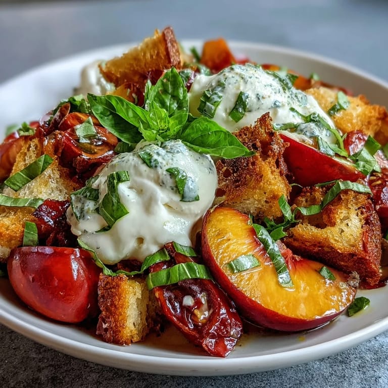 Hearty yet light Tomato Peach Panzanella salad topped with luscious burrata cheese.