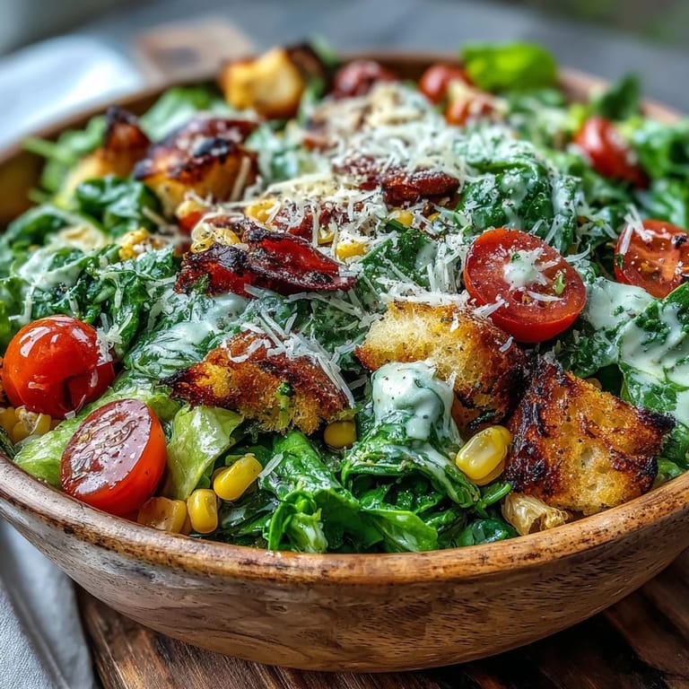 A satisfying bowl of Charred Corn Caesar Salad, featuring charred corn and crisp romaine lettuce.