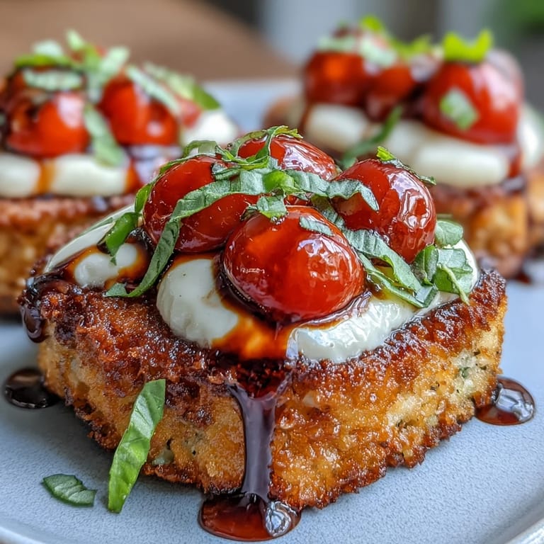 Crispy rice Caprese salad featuring melted mozzarella and a balsamic drizzle.